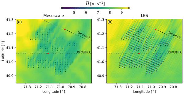 Side-by-side maps of mean wind speed over three planned offshore wind farms off the US East Coast: the mesoscale simulation on the left shows a diffuse cluster wake, the large-eddy simulation on the right resolves individual turbine wakes and their interaction.